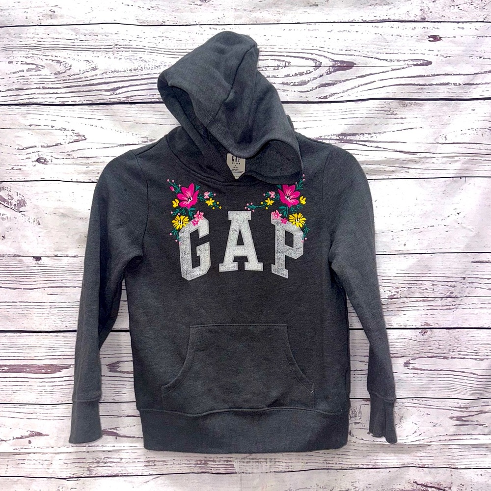 Gap Grey Floral Hooded Sweatshirt Size Small 6-7